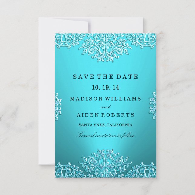 Teal Vintage Damask Wedding Save The Date (Front)
