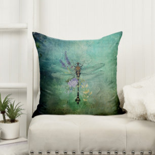 Teal Vintage Dragonfly and Flowers Throw Pillow