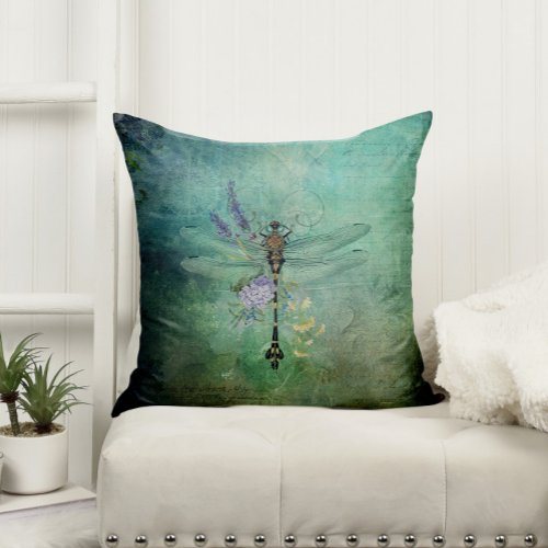 Teal Vintage Dragonfly and Flowers Throw Pillow