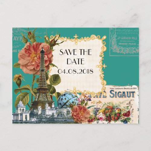 Teal Vintage Eiffel Tower Rose Save the Date Card