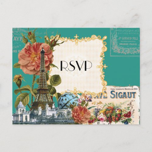 Teal Vintage Eiffel Tower Rose Save the Date Card