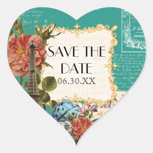 Teal Vintage Eiffel Tower Rose Save the Date Seal