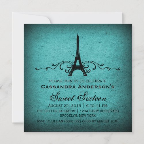 Teal Vintage French Flourish Sweet 16 Invite