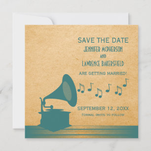 Teal Vintage Gramophone Save the Date Invite
