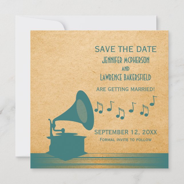 Teal Vintage Gramophone Save the Date Invite (Front)