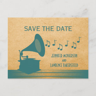 Teal Vintage Gramophone Save the Date Postcard