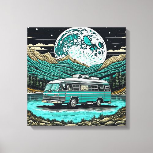 Teal Vintage RV Camper in the Mountains Retro Canvas Print