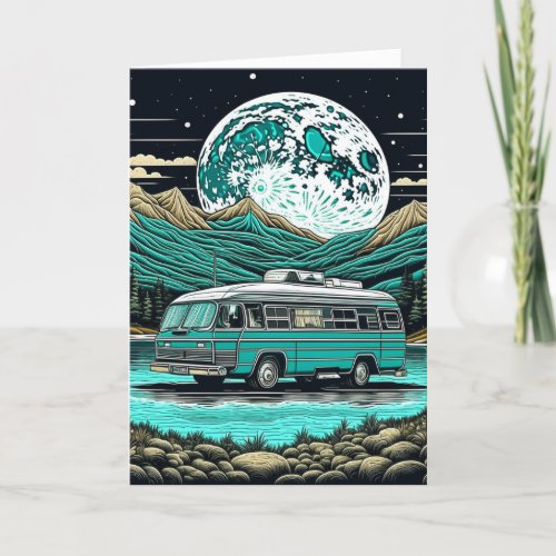 Teal Vintage RV Camper in the Mountains Retro Card