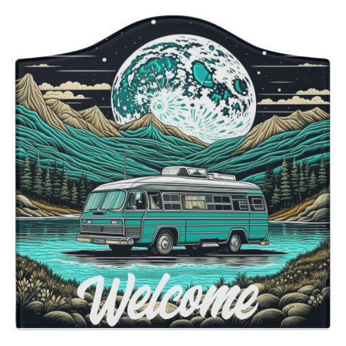 Teal Vintage RV Camper in the Mountains Retro Door Sign