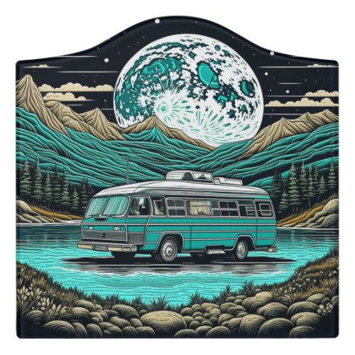 Teal Vintage RV Camper in the Mountains Retro Door Sign