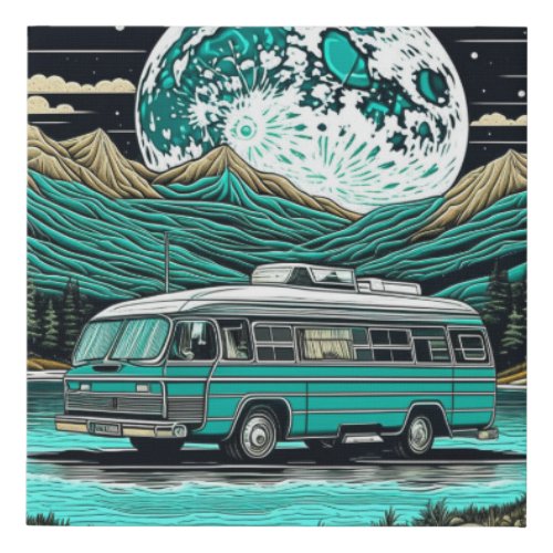 Teal Vintage RV Camper in the Mountains Retro Faux Canvas Print