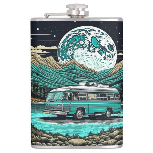 Teal Vintage RV Camper in the Mountains Retro Flask
