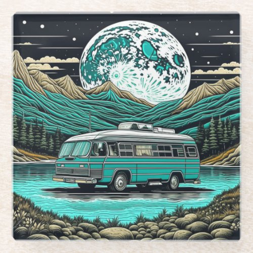 Teal Vintage RV Camper in the Mountains Retro Glass Coaster
