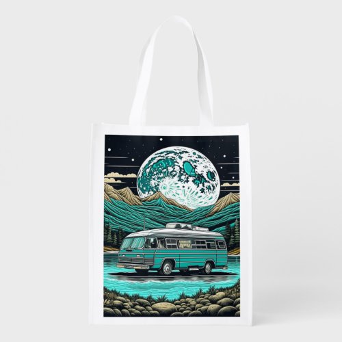 Teal Vintage RV Camper in the Mountains Retro Grocery Bag