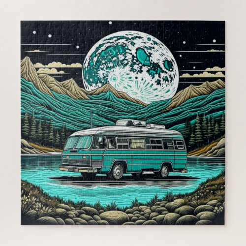 Teal Vintage RV Camper in the Mountains Retro Jigsaw Puzzle