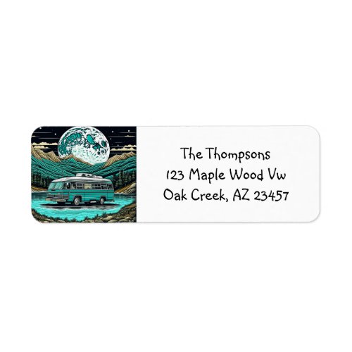 Teal Vintage RV Camper in the Mountains Retro Label