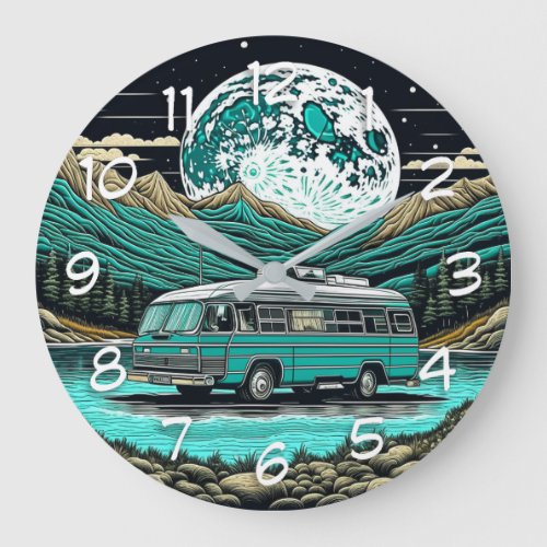 Teal Vintage RV Camper in the Mountains Retro Large Clock