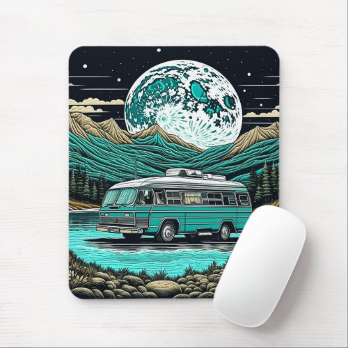 Teal Vintage RV Camper in the Mountains Retro Mouse Pad