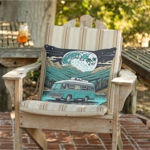 Teal Vintage RV Camper in the Mountains Retro Outdoor Pillow