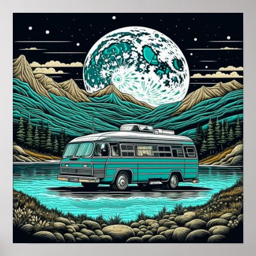 Teal Vintage RV Camper in the Mountains Retro Poster
