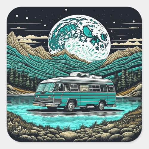 Teal Vintage RV Camper in the Mountains Retro Square Sticker