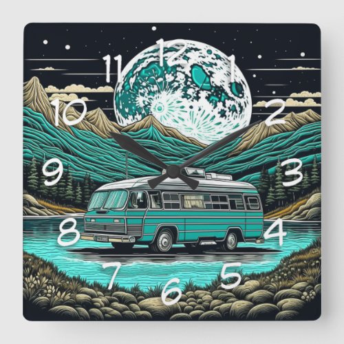 Teal Vintage RV Camper in the Mountains Retro Square Wall Clock