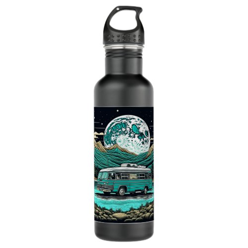 Teal Vintage RV Camper in the Mountains Retro Stainless Steel Water Bottle
