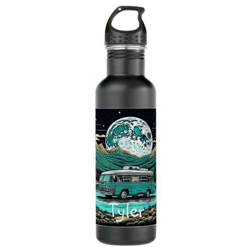 Teal Vintage RV Camper in the Mountains Retro Stainless Steel Water Bottle