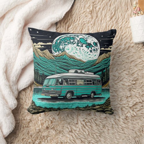 Teal Vintage RV Camper in the Mountains Retro Throw Pillow