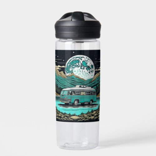 Teal Vintage RV Camper in the Mountains Retro Water Bottle