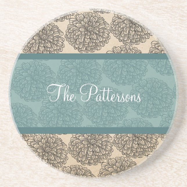 Teal Vintage Zinnia Coaster (Front)