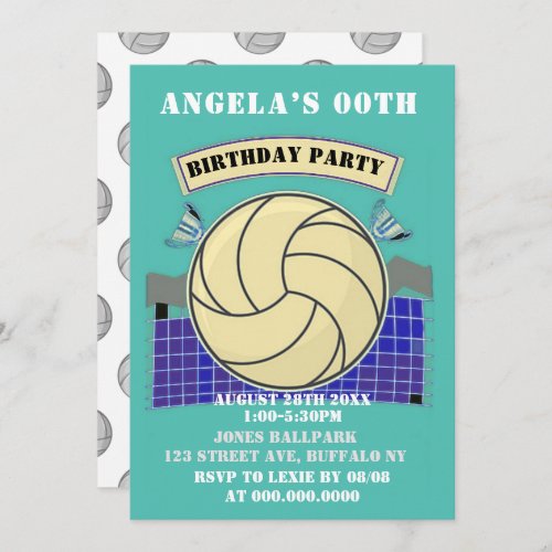 Teal Volleyball Birthday Party Invites