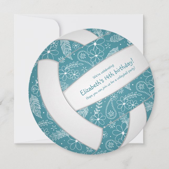 teal volleyball boho sports girls birthday announcement (Front)