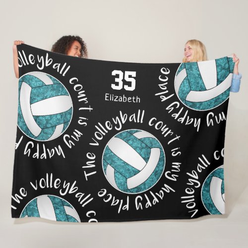 Teal volleyball court my happy place sports mantra fleece blanket