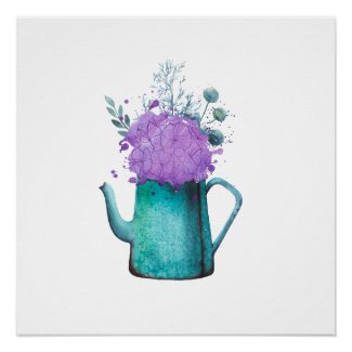 Teal Water Can with Flowers Painted Poster Print