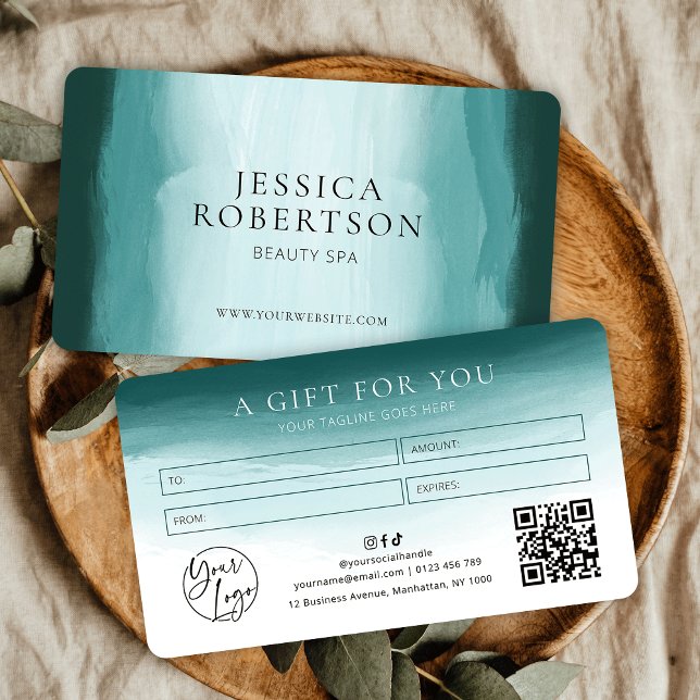 Teal Watercolor Aesthetician Spa Gift Certificate (Elegant teal watercolor business gift voucher with your logo, QR code and contact details)