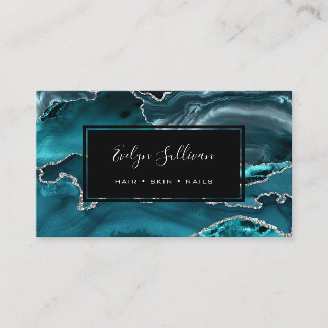 teal watercolor agate business card (Front)