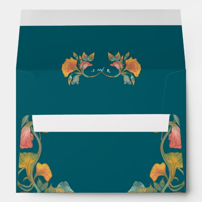 Teal Watercolor Art Nouveau Wedding Envelope (Back (Bottom))