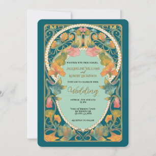 Teal Watercolor Art Nouveau Wedding Invitation