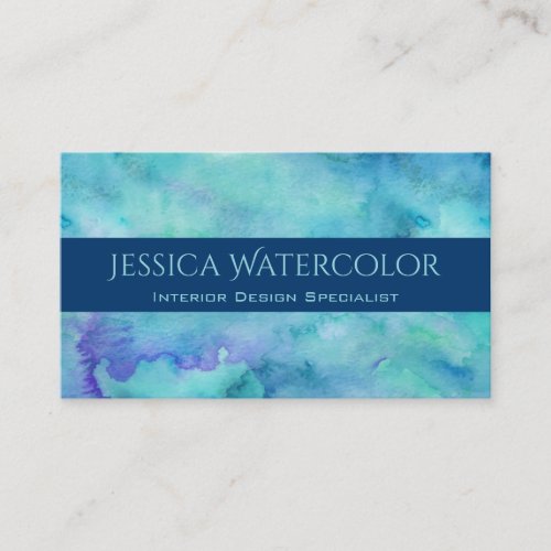 Teal Watercolor Background with Blue Banner Stripe Business Card