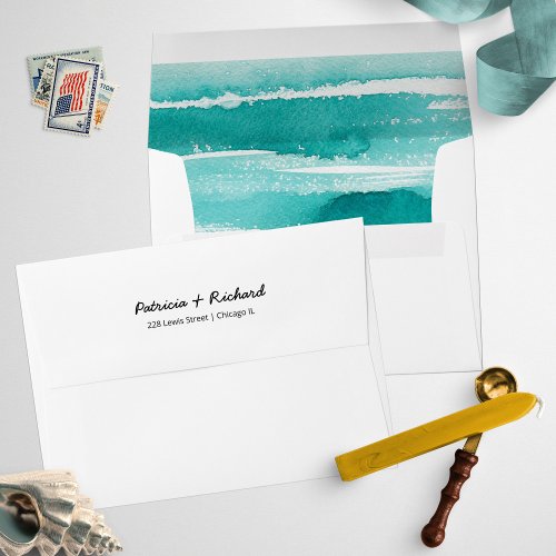 Teal Watercolor Beach Wedding Invitation Envelope