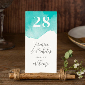 Teal Watercolor Big Number Narrow Table by Paperpaperpaper at Zazzle