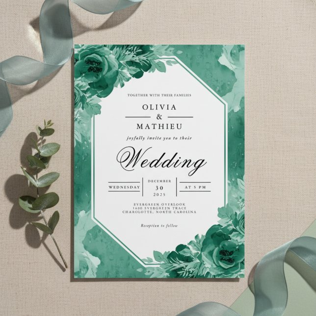 Teal Watercolor Bloom Wedding Invitation (Creator Uploaded)