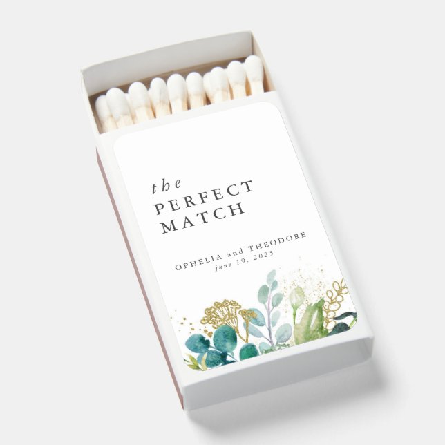 Teal Watercolor Botanical Greenery Wedding Matchboxes (Front Open)