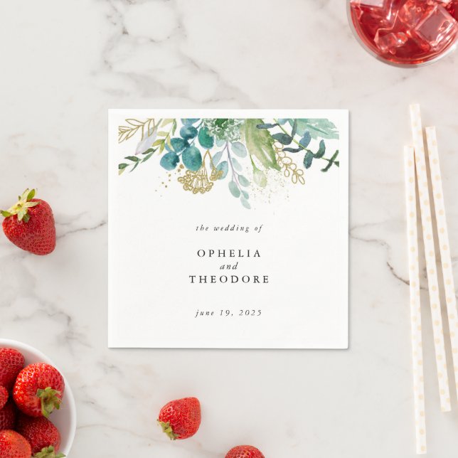 Teal Watercolor Botanical Wedding Monogram Napkins (Insitu)