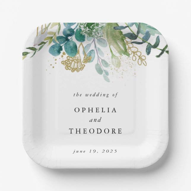 Teal Watercolor Botanical Wedding Monogram Paper Plates (Front)