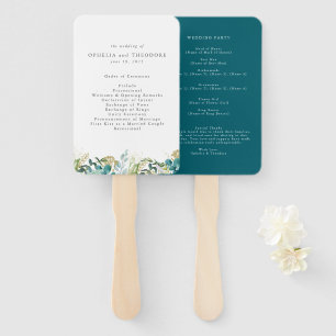 Teal Watercolor Botanical Wedding Program Hand Fan