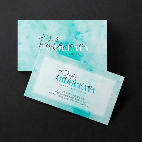 Teal Watercolor Braid Stylist Script Typography Business Card