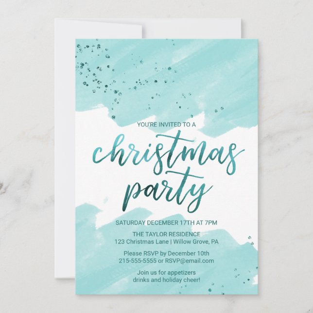 Teal Watercolor Christmas Party Invitation (Front)