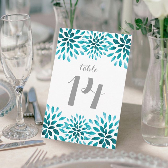 Teal Watercolor Chrysanthemum Table Postcard (Teal Watercolor Chrysanthemum Wedding Table Number Card)
